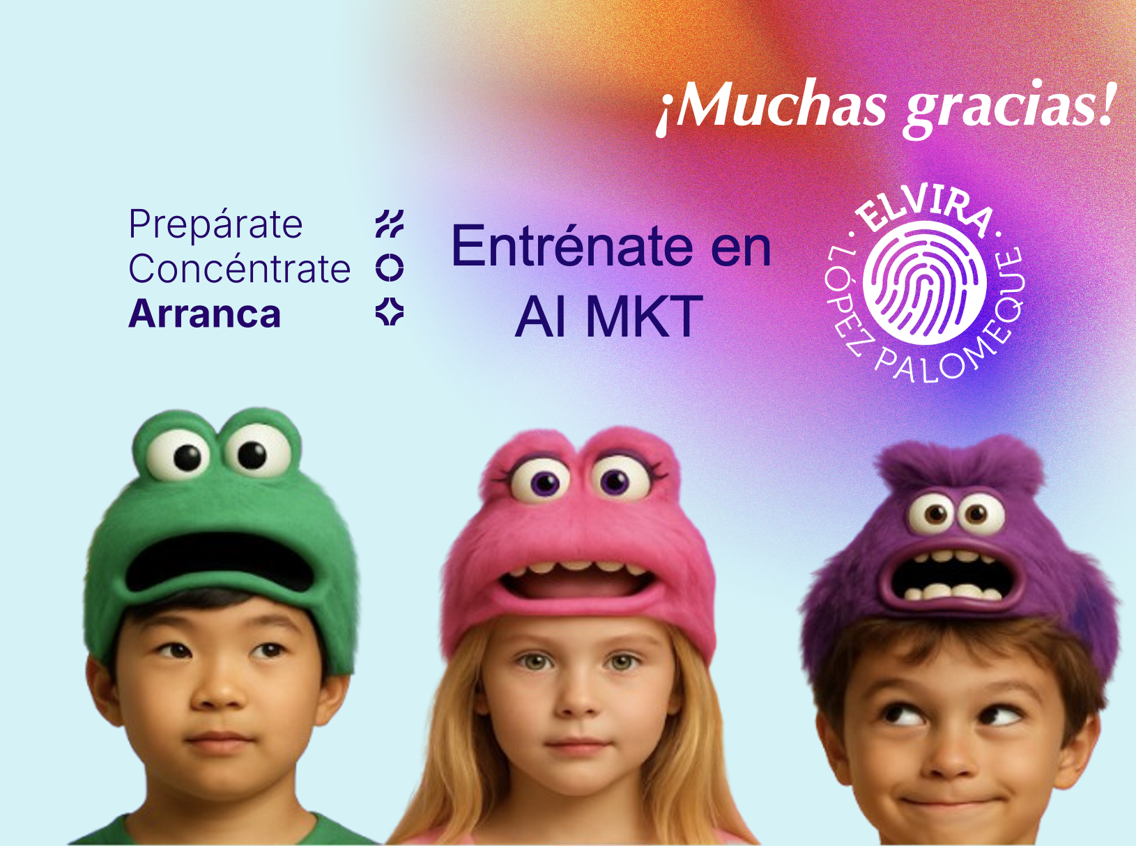 Niños con gorros de monstruos - Entrénate en AI Marketing Educativo